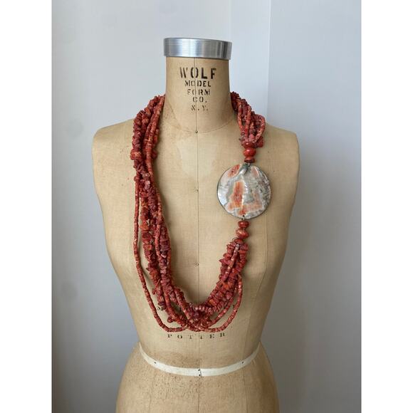 Red Sponge Coral and Mother of Pearl 6 Strand Statement Necklace 30" - Picture 4 of 6